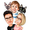 Rodinný kreslený portrét s domácími mazlíčky