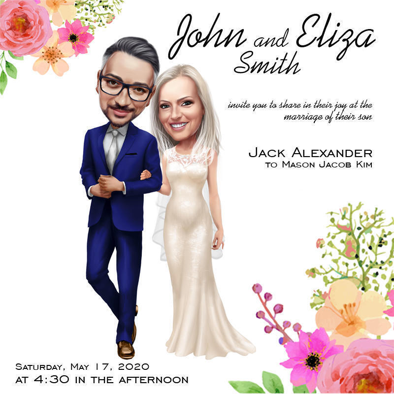 Caricatura de tarjeta de invitación de boda de y novio personalizada para invitados