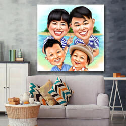 عائلة مع أطفال كاريكاتير ملون مع خلفية على قماش