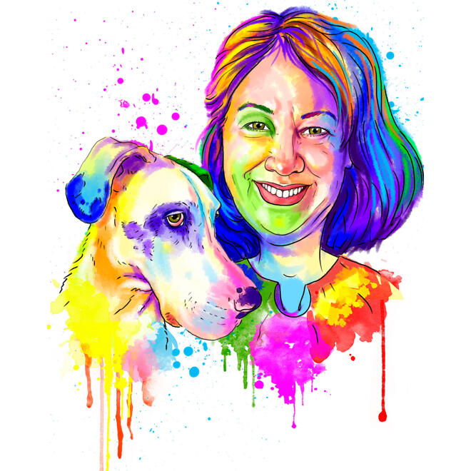 Person with Great Dane Watercolor Cartoon Portrait from Photos