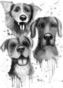 Pielāgota suņu karikatūra — akvareļkrāsu jauktas suņu šķirnes portrets melnbaltā stilā