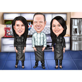Premium Chef Group Caricature in Full Body Colored Style with Custom Background
