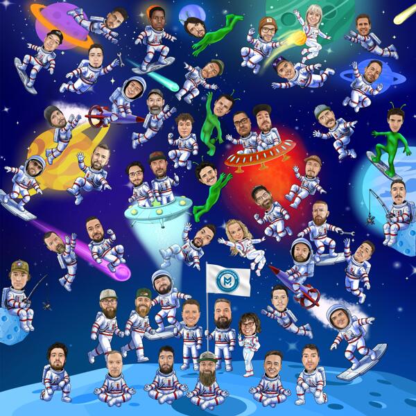 Rymdtema gruppkarikatyr – Företagsporträtt