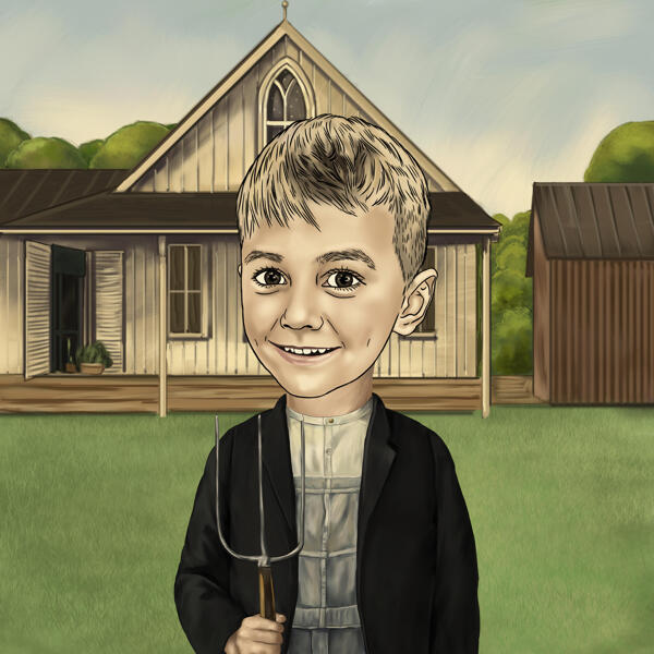 American Gothic Style Kid Caricature