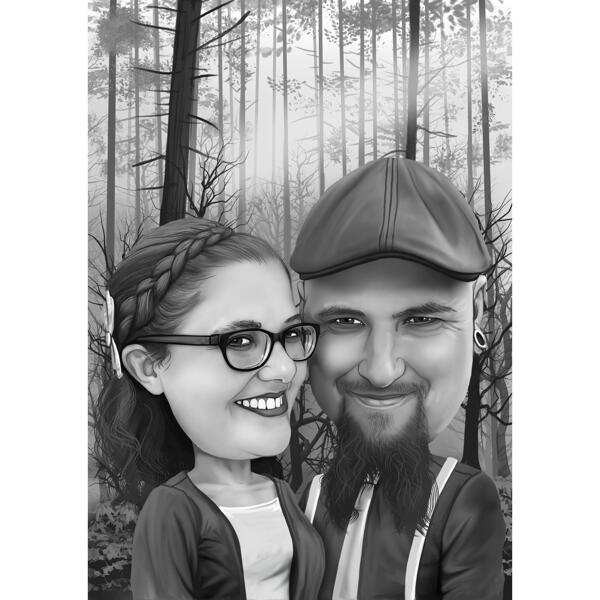 Forêt d'amour - Caricature de couple dans un style noir et blanc d'après photo