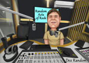 Kohandatud raadio-DJ karikatuur värvilises stiilis stuudio taustaga