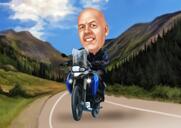 Persoon die per motorfietskarikatuur reist