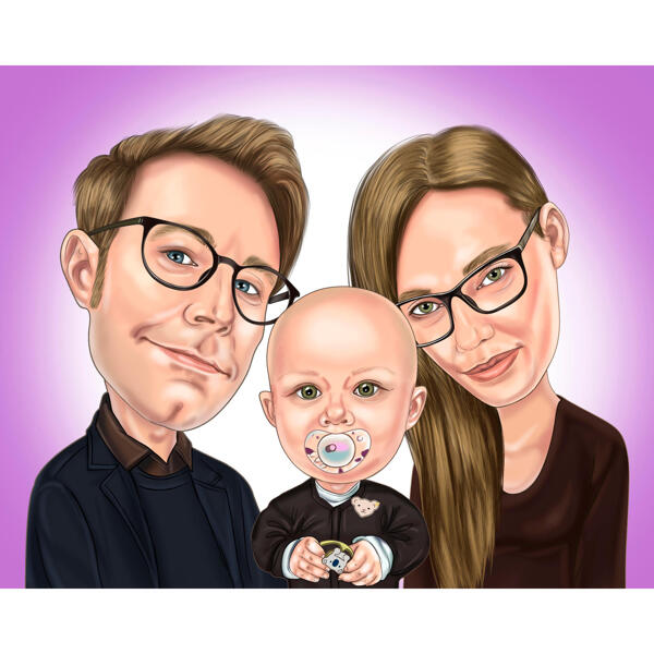 Personlig familie med baby tegneseriekarikatur fra fotos med én farvet baggrund