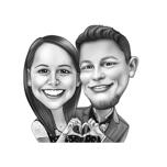 Caricatura de pareja mostrando la mano y el corazón en estilo blanco y negro