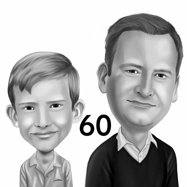 Dad with Kid Cartoon Portrait Caricature from Photos Hand Drawn in Monochrome Style