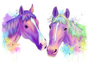 Акварельный портрет двух лошадей по фотографиям