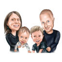Dibujo artístico de caricatura en color de padres y dos niños a partir de fotos