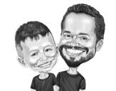 Tēvs un dēls karikatūra melnbaltā stilā no fotoattēliem