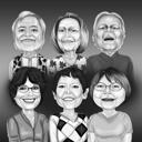 Groep van 6 leden in zwart-wit cartoonkarikatuur van foto's