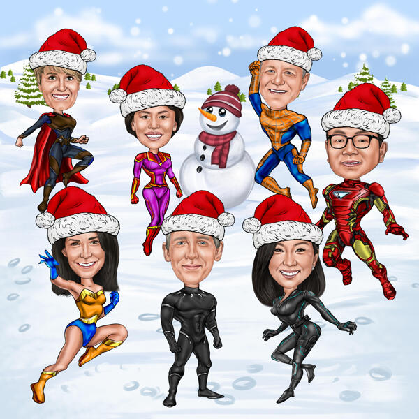 Desen de caricatură grup de Crăciun cu supereroi