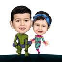 Caricatura di due bambini supereroi dalle foto come design del logo personalizzato