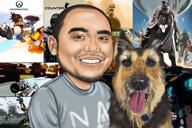 Owner with Pet Caricature in Color Style on Custom Background from Photos