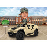 Militær person i bil tegneserietegning