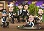 Group Outdoor Activities Full Body Caricature in Colored Style with Custom Background