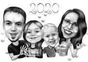 Forældre med to børn tegneserieportræt i sort og hvid stil fra fotos