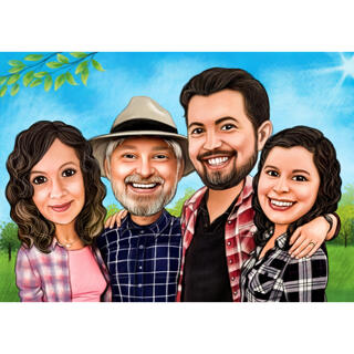 Family Outdoors Caricature in Colored Style from Photos