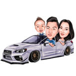 Family of Three in Car - Colored Caricature from Photos