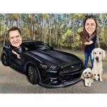 Paar mit Hunden und Auto Farbige Karikaturzeichnung auf benutzerdefiniertem Hintergrund
