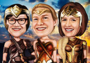 Karikatura skupiny superhrdinů z fotografií jako personalizovaní superhrdinové