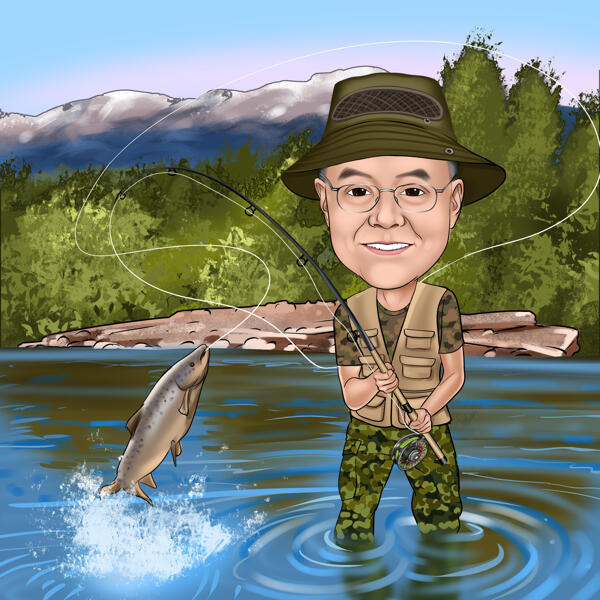 Custom Fishing Caricature from Photos with Background