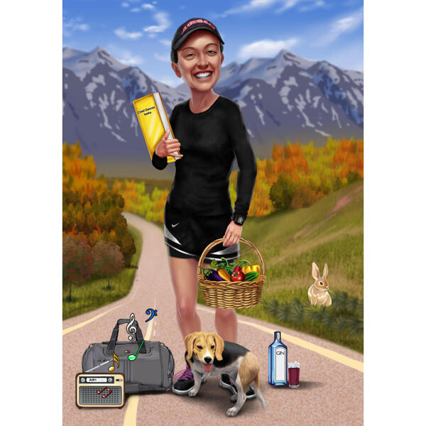 Persona con caricatura de viaje de mascota a partir de fotos sobre fondo personalizado