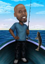 Карикатура на рыбака на фоне озера для любителей рыбалки