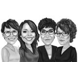 Overdreven karikatuur van vier personen in zwart-witstijl uit foto's