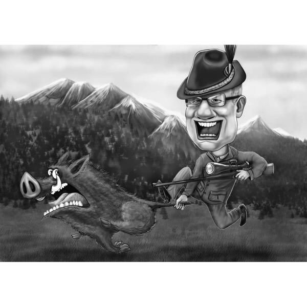 Caricatura exagerada de caça em preto e branco de fotos