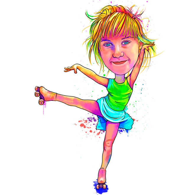 Мультяшный портрет ребенка в роликовых коньках в стиле радужной акварели