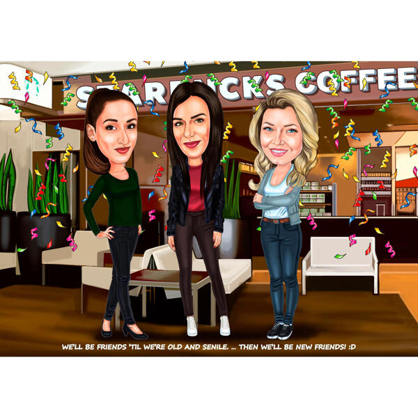 Portrait caricatural d'amis dans un café