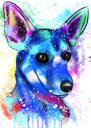 Watercolor Dog Portrait from Photo Hand Drawn in Blue Color Theme