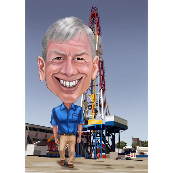 Karikatura zaměstnance ropné společnosti Petroleum Oil Company v přehnaném kresleném stylu z fotografií