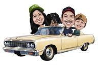 Familj med tre i bil - färgad karikatyr från foton