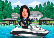 Caricature d'un homme conduisant un bateau rouge
