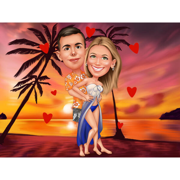 Caricatura de pareja al atardecer hawaiano