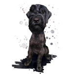 Karikatura akvarelu obřího knírače psa z fotografií v přirozených barvách