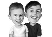 Ritratto di due fratelli in stile cartone animato in bianco e nero