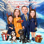 Valokuvista käsin piirretty räätälöity perhesarjakuva joulukortti