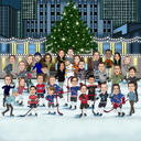 Teamkarikatuur die hockey speelt met kerstboomachtergrond