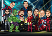 Karikatuurtekening van een superheldengroep