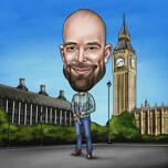 Dibujo de caricatura en estilo coloreado con fondo de ciudad