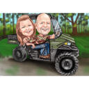 Caricatura de pareja en vehículo deportivo utilitario con fondo personalizado