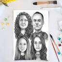 Ģimenes karikatūras portrets melnbaltā stilā no fotoattēliem, kas uzdrukāti uz plakāta kā pielāgota dāvana