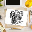 Poster Print: Family with Pet Caricature in Black and White Style