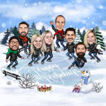 Christmas Group Caricature Card - Skating on Lake